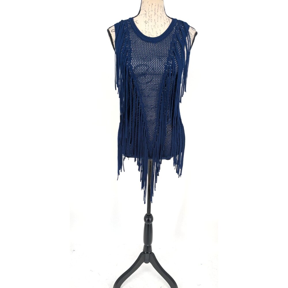 RONNY KOBO Knit Tunic SMALL Cobalt Blue Luxurious Fringe Artsy Boho Old Money